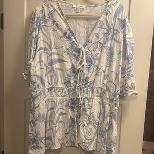 Blue & White Floral Tie-Front Tunic